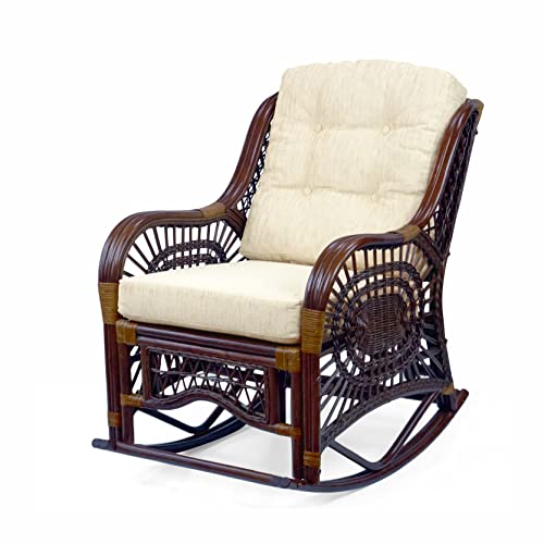 Malibu Rocking Handmade Lounge Chair ECO Natural Wicker Rattan Natural Color with Cream Cushion, INDOOR ONLY