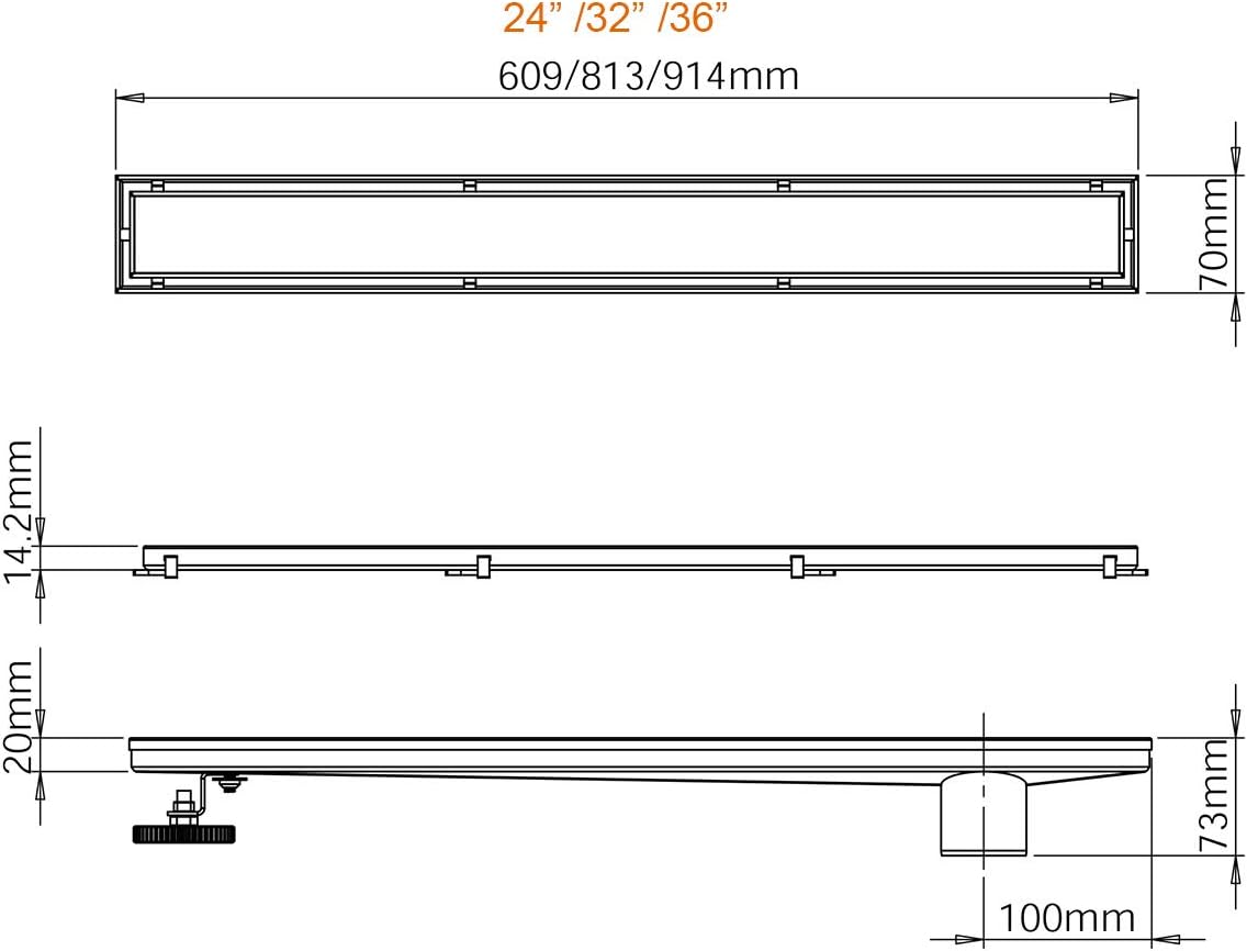 Neodrain 36-Inch Offset Linear Shower Drain with Tile insert Grate Cover, Brushed 304 Stainless Steel Rectangle Side Outlet Shower Floor Drain, Adjustable Leveling foot, Hair Strainer/catcher