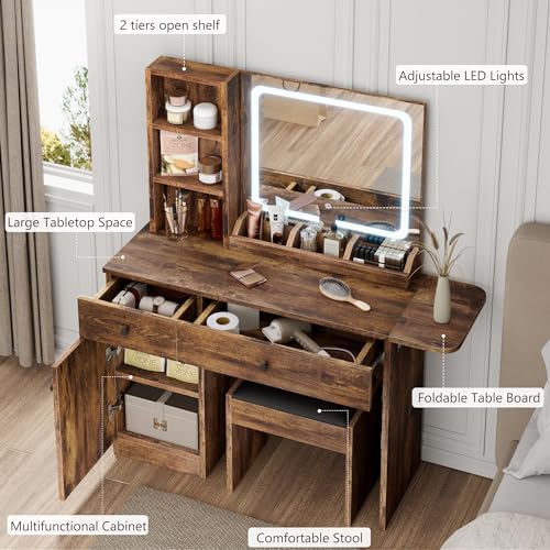 IDEALHOUSE Vanity Desk with Mirror and Lights, Large Storage Space with 2 Drawers and Adjustable Shelves Storage Makeup Vanity, 3 Lighting Modes Adjustable Brightness, Bedroom Vanity Table, White