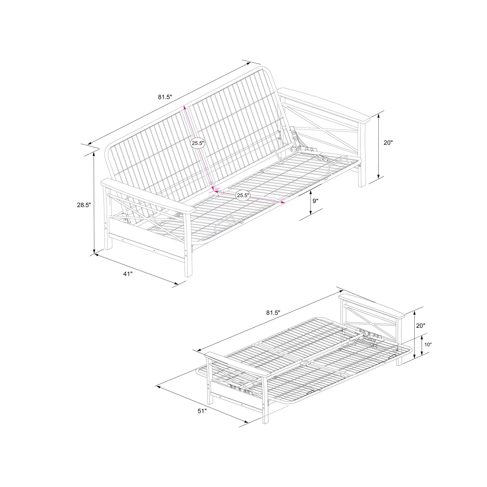 DHP Nadine Metal Futon Frame with Espresso Wood Armrests, Full Size, Mattress Not Included