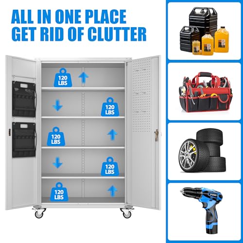 73" H Metal Storage Cabinet with Wheels, Garage Storage Cabinet with 4 Adjustable Shelves and Lockable Doors for Garage Home Office Utility Room,Required Assembly,Black