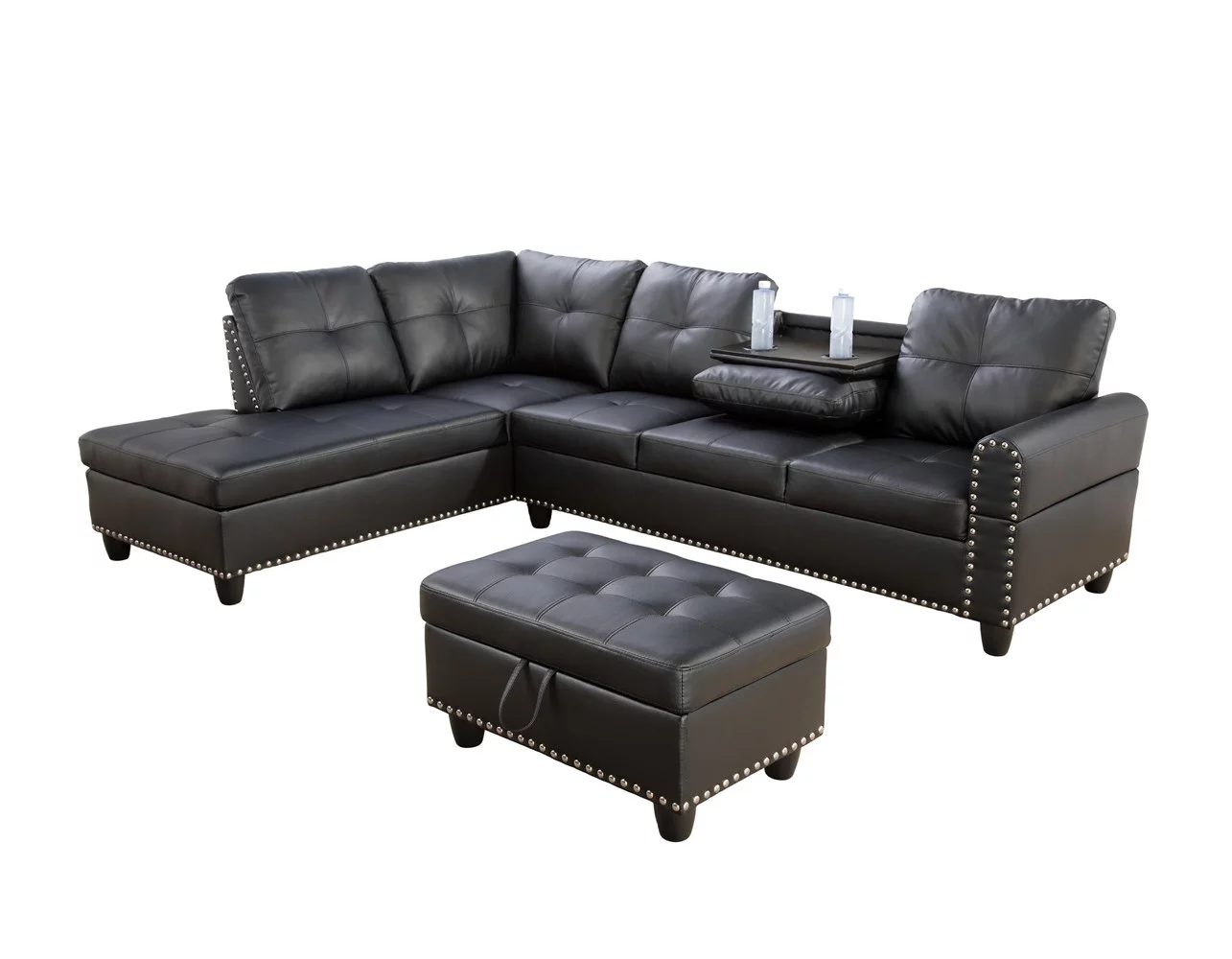 Ponliving Furniture Room Sectional Set, Leather Sectional Sofa in Home, with Storage Ottoman and Matching Pillows Left Hand Facing Black