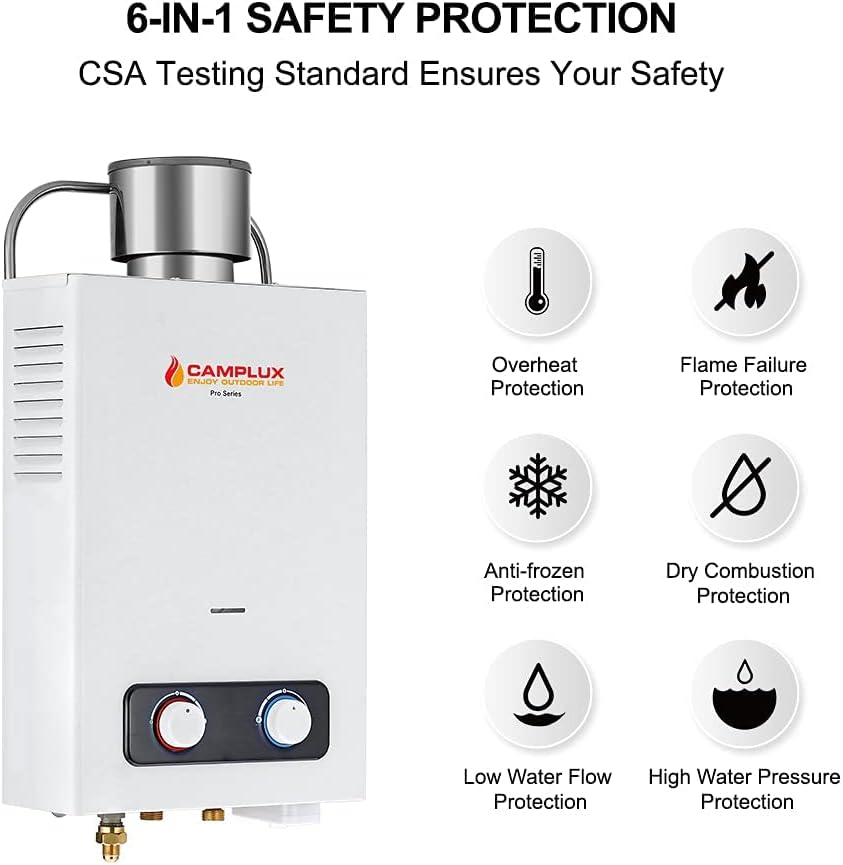 Portable Tankless Water Heater, Camplux 1.58 GPM Outdoor Propane Hot Water Heater with S/S Rain Cap
