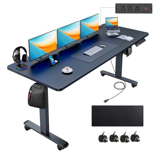 farexon Electric Standing Desk 55 x 24In with Charging Station, Stand up Desk with Oversized Mouse Pad, 2 USB Ports & 3 Power Outlets, 4 Caster, 4 Preset Heights Easy to Set（Brown）