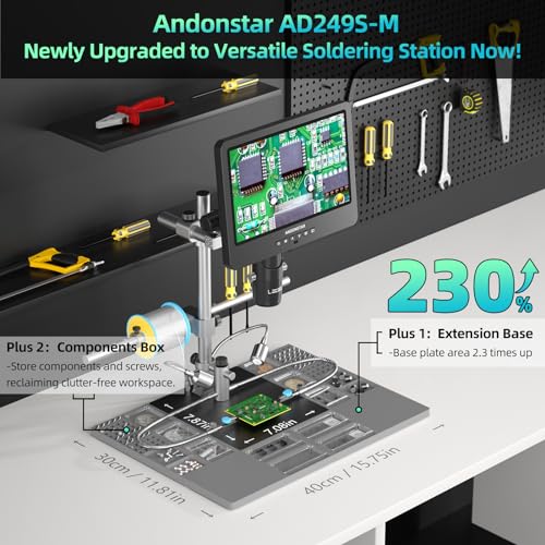 Andonstar AD246S-M Plus 7'' HDMI Soldering Digital Microscope for Electronics Repair, 2000x 3 Lens 2160P UHD Video Record, Soldering Microscope Station with Helping Hands, Coin Microscope, 32GB Card