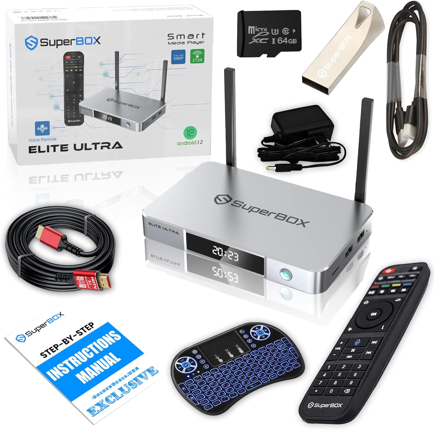 Latest 2024 Elite-Ultra Bundle 6K TV Box with 8K HDMI Cable, 64GB TF Card, 64GB USB Drive, Backlit Keyboard, Voice Remote, Easy Setup Guide - Android 12, 4GB RAM, 128GB Storage