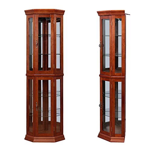 Corner Curio Cabinet with Lights, Lighted Display Cabinet with Glass Doors and Adjustable Shelves, 6-Tier Curio Showcase Floor Stand Collection Art Display Case for Living Room, Pantry (Cherry)