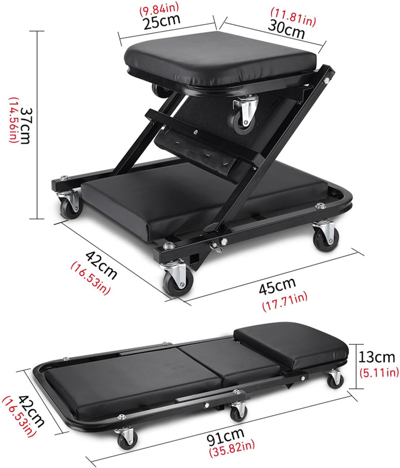 Foldable Z Creeper, 2-in-1 Rolling Folding Car Creeper & Seat, 36 Inches Adjustable Roller Garage Chair Lay Down or Sit, Seamless Steering Under Car Roller Creeper with 6 Swivel Casters