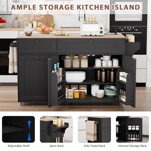 Kitchen Island on Wheels with Storage, Rolling Kitchen Islands with Drop Leaf&Power Outlet, Mobile Kitchen Island Cart with Trash Can Storage, Spice Rack, Towel Rack, Storages Cabinet ,Drawers