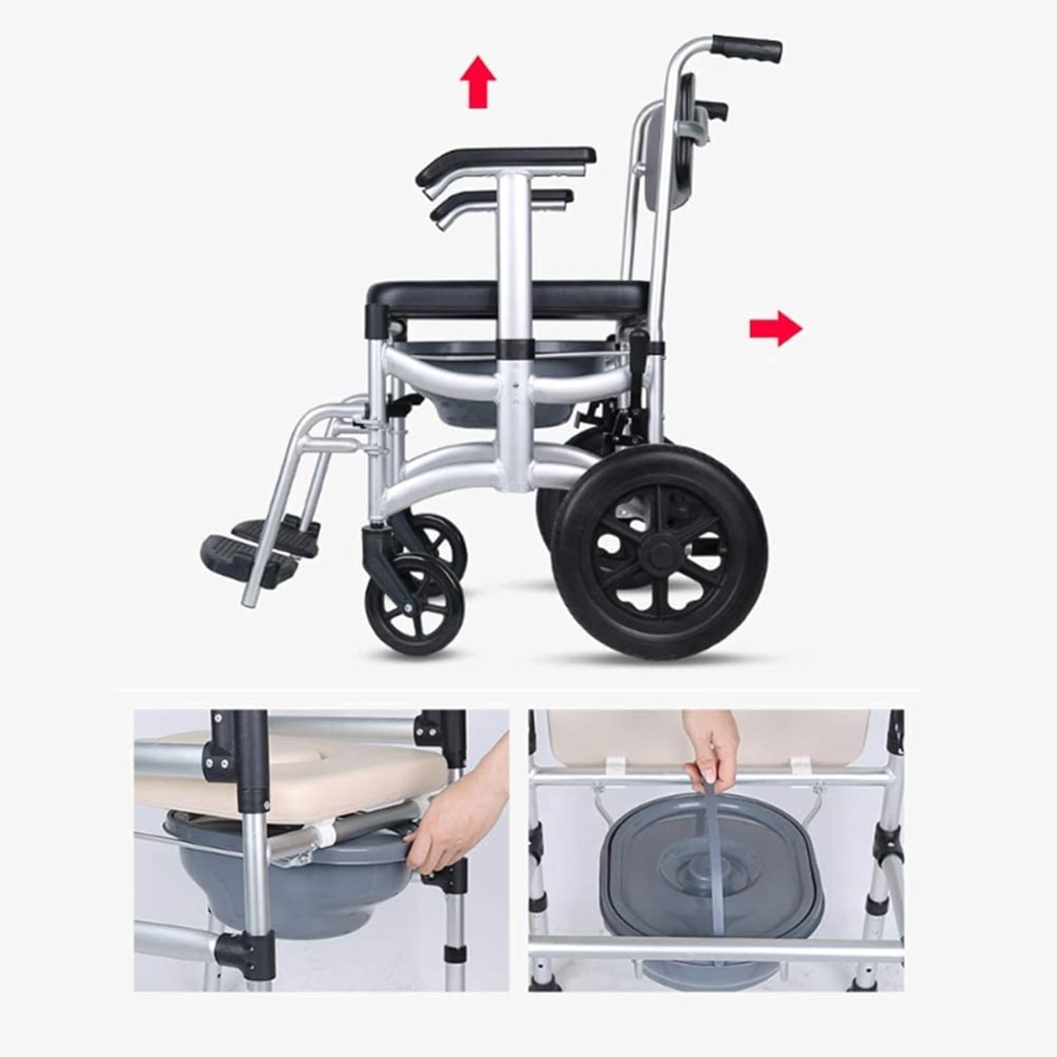 KOHARA Toilet Commode Chair, Bedside Commode Transport Wheelchair with Adjustable Height, Detachable Pot and Brakes, Mobile Toilet Seat for Elderly Disabled Person