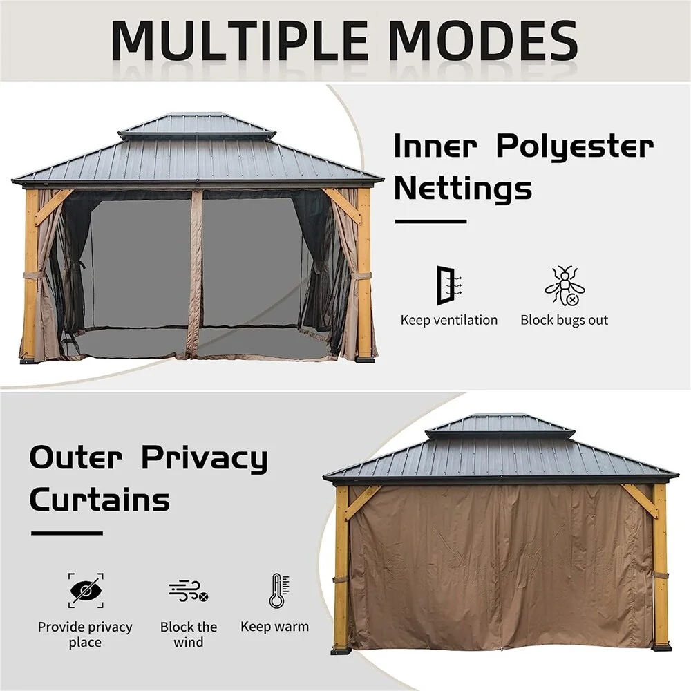 BESTCOSTY 12'x14' Outdoor Wood Frame Hardtop Gazebo,Galvanized Steel Double Roof