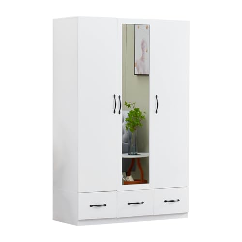 74" H 3 Doors 2 Drawers White Bedroom Wardrobe Armoire Closet Freestanding Clothes Storage Armoire Organizer with Hanging Rod Shelves Clothes Cabinet for Bathrooms Clothes Storage