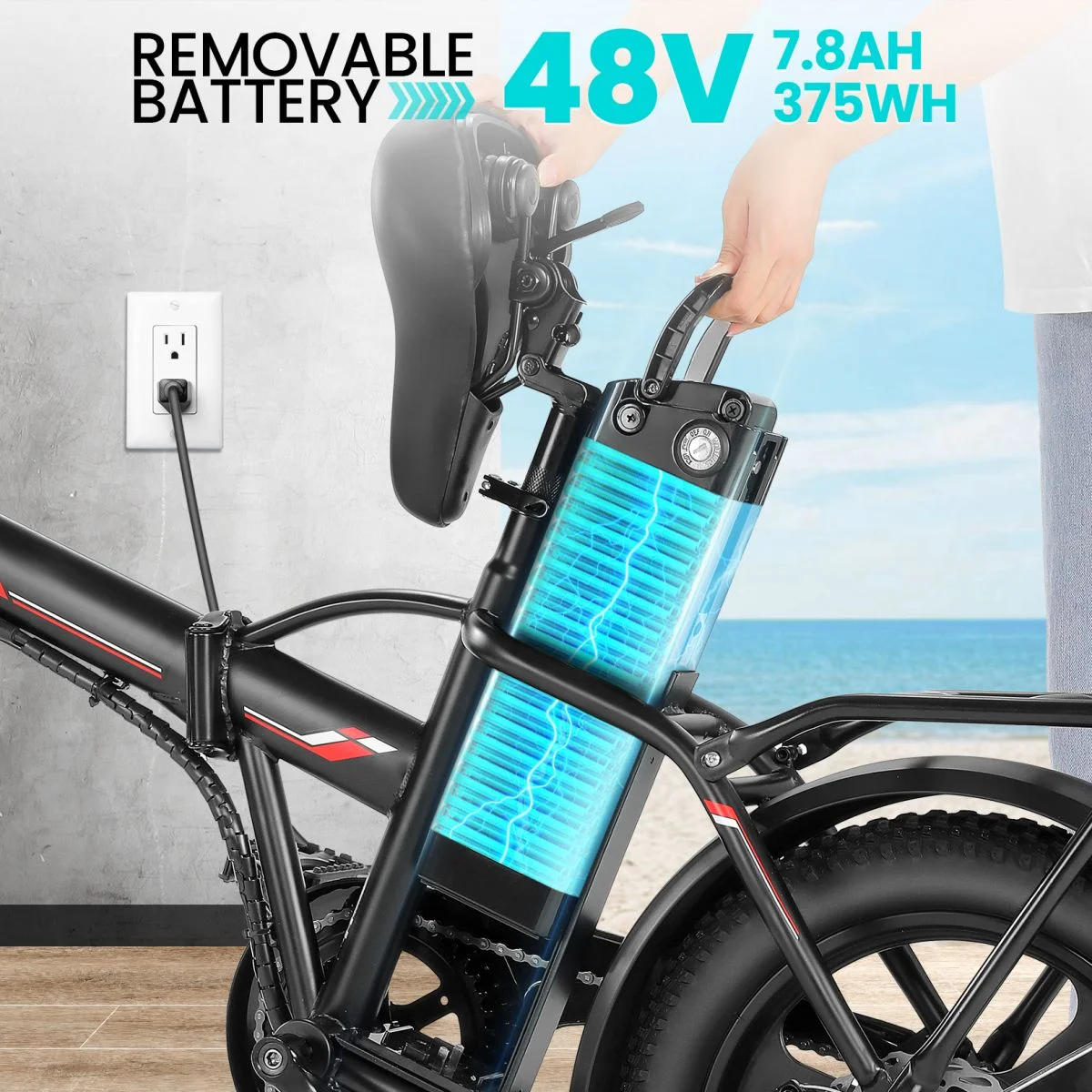 Elifine 16"×3.0 Fat Tire Folding Electric Bike for Adults, 350W Lockable Suspension Fork Electric Bicycle, LCD Display Foldable Ebike with 48V 7.8Ah Battery, 19.8 mph Snow Bike up to 50 Miles Range