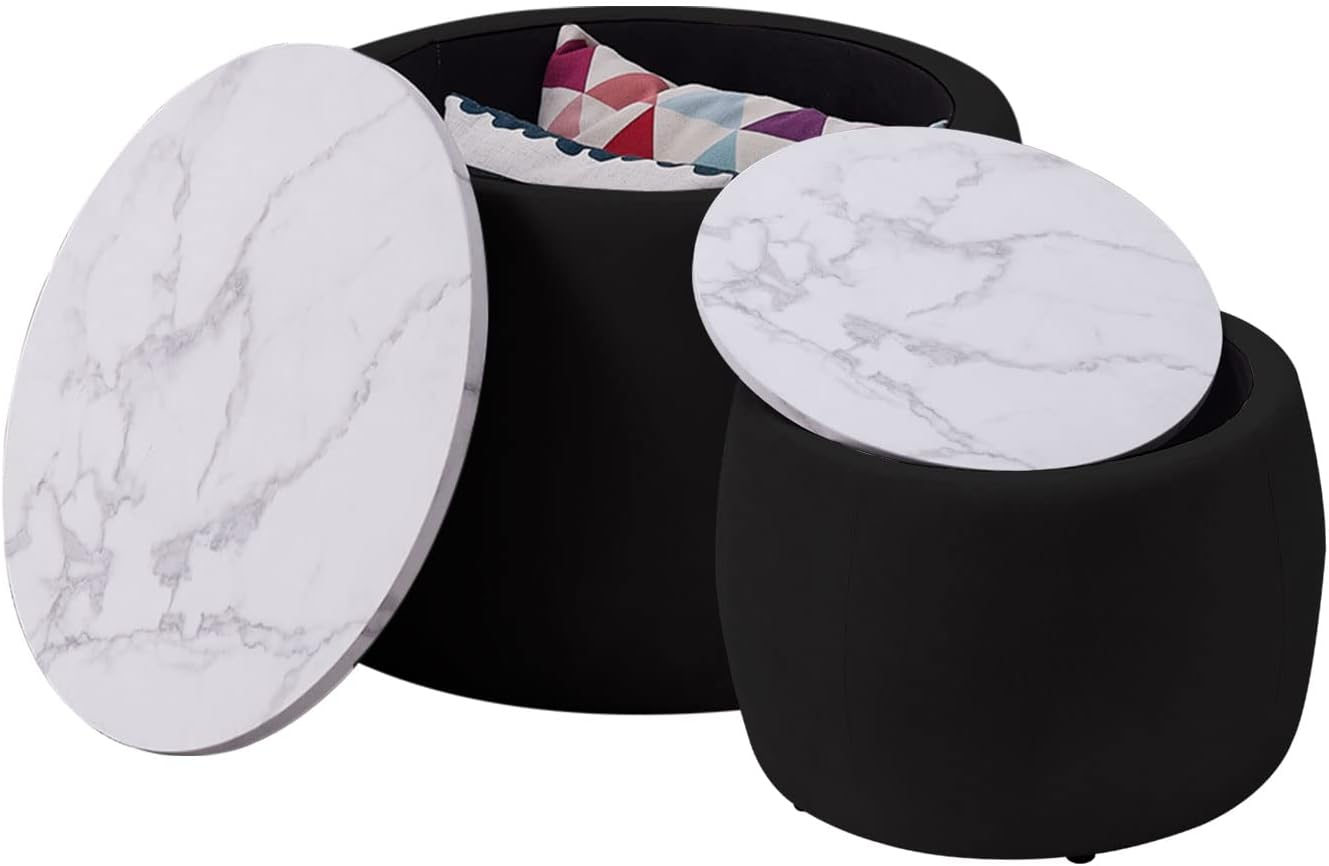 kevinplus Black Round Coffee Table Set of 2 Nesting Storage Ottoman for Living Room, Modern Circle Ottoman Coffee Table Drum Side Table End Table for Bedroom Apartment, Velvet Fabric (2-Pcs Black)