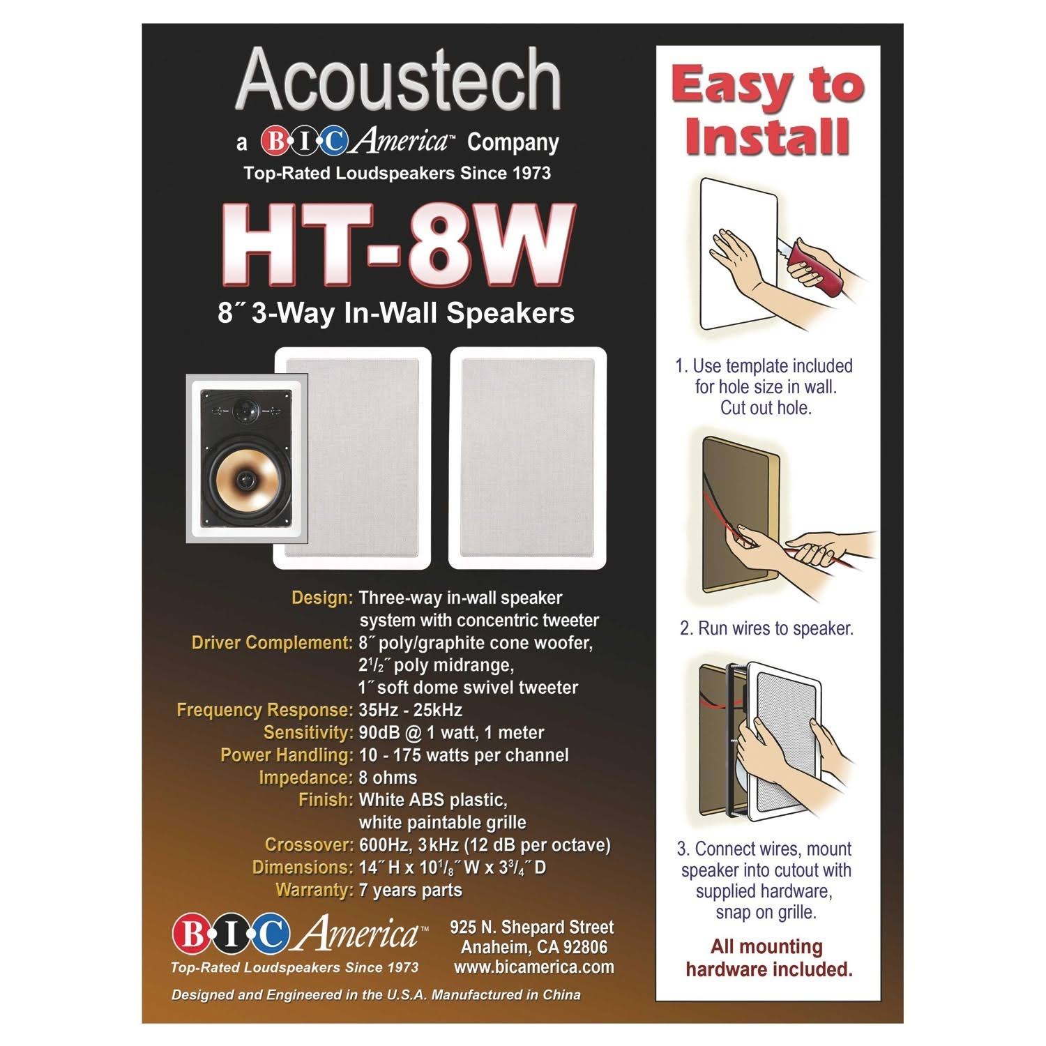 Bic America HT8W 8x22 3-Way Acoustech Series In-Wall Speakers