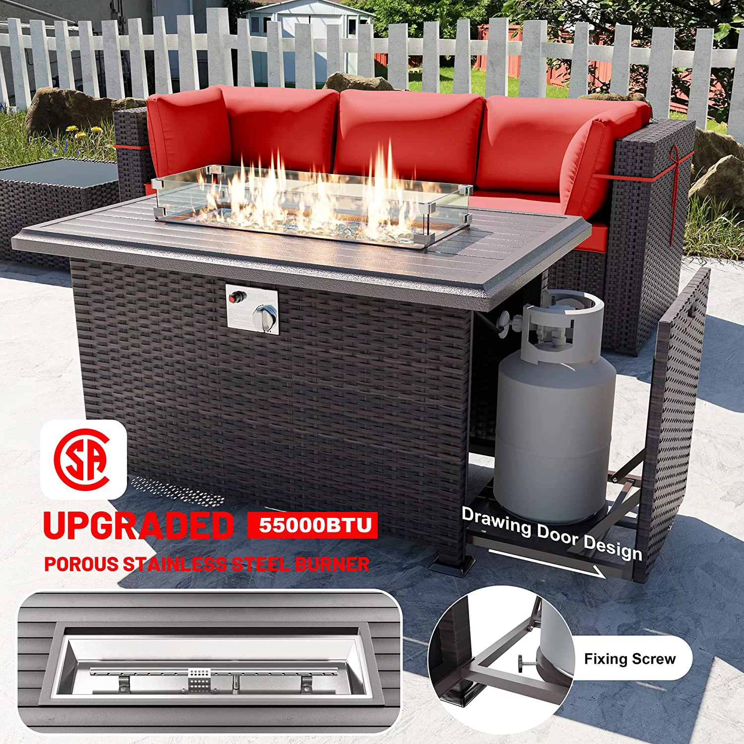 ALAULM 8 Pieces Outdoor Furniture Set with 43" Gas Propane Fire Pit Table PE Wicker Rattan Sectional Sofa Patio Conversation Sets,Red