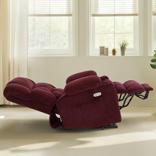 MCombo Dual Motor Power Lift Recliner Chair with Massage and Heat for Elderly People, Infinite Position, USB Ports, Cup Holders, Fabric 7890 (Medium-Regular, Burgundy)