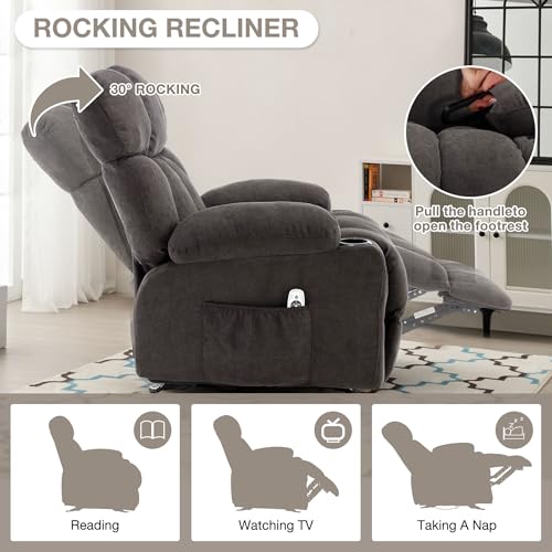 Massage Rocker Recliner Chair with Heat and Vibration Ergonomic Rocking Lounge Chair for Living Room Comfy Overstuffed Recliner with 4 Side Pockets,2 Cup Holders, USB Charge Port, Grey