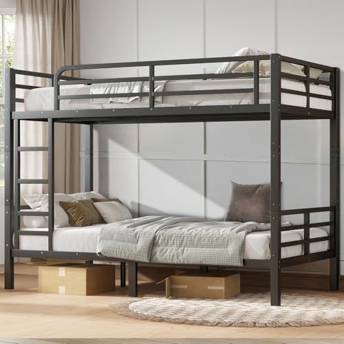 Twin XL Over Twin XL Bunk Bed, Metal Bunk Bed Frame Heavy Duty Bunk Beds Loft Bed Frame with Ladder and Guardrail Metal Slats No Box Spring Required for Adults Teens, Black