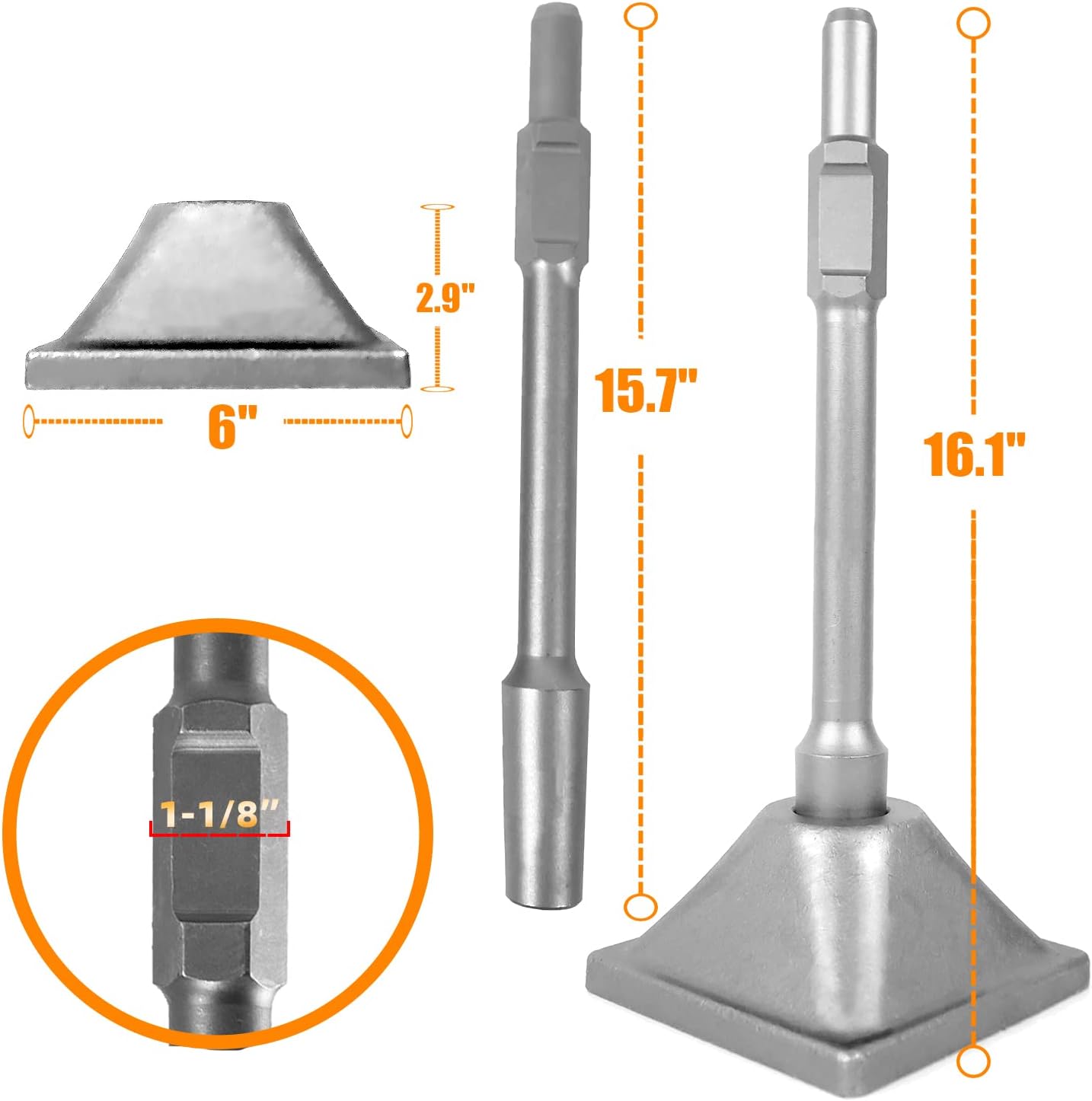 JACKCHEN Jack Hammer 1-1/8" Tamper Shank, Dirt Tamper 6x6" Plate with Electric Chisel Dirt Compactor, Tamper Shank and Plate for Jack Hammer Bit Gas Powered and Electric Demolition Concrete Breaker