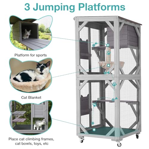 Catio Outdoor Cat Enclosure,Cat House with Wheels,Upgraded cat Scratching Post，Resting Box,Waterproof Roof for Patio Garden (Grey, 31.5" L x 31.5" W x 70.9" H)