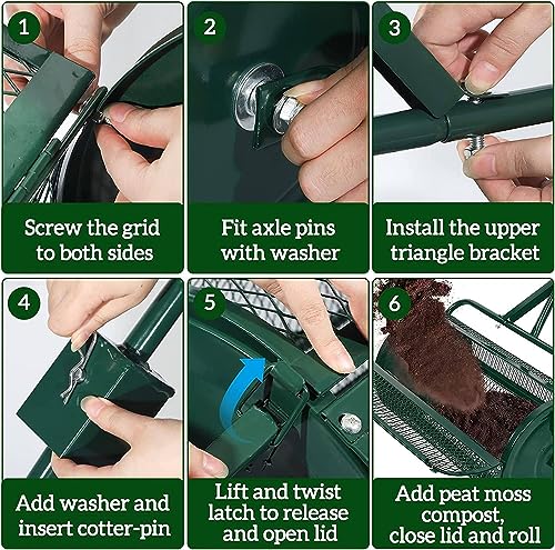 Lawn & Garden Spreader with Upgraded Side Clasps - 24" x 17" Inch Peat Moss Spreader and Compost Spreader - Heavy Duty Metal Mesh Basket Push Spreader,Green