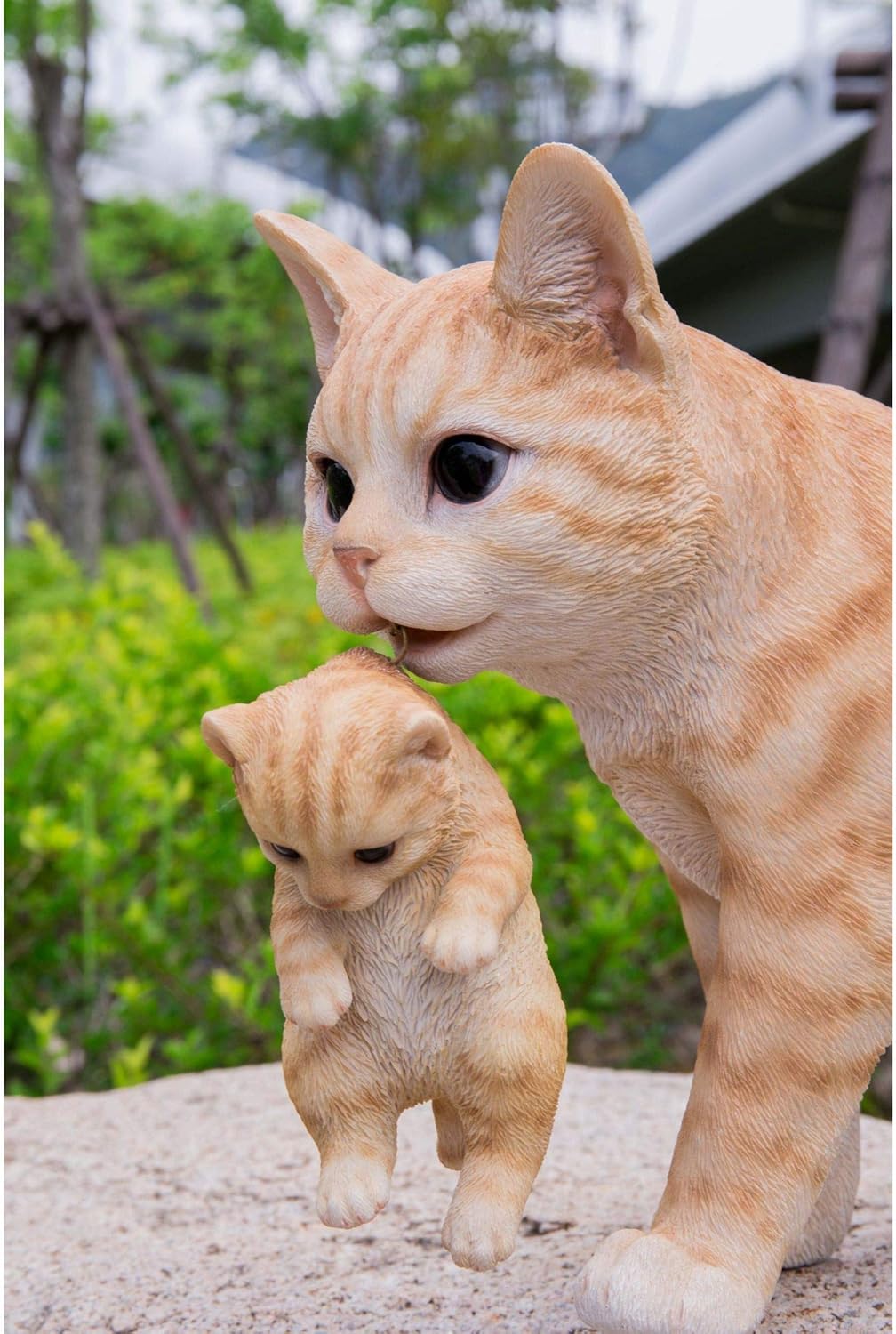16.75" Tabby Mother Cat Carrying Kitten Outdoor Garden Statue