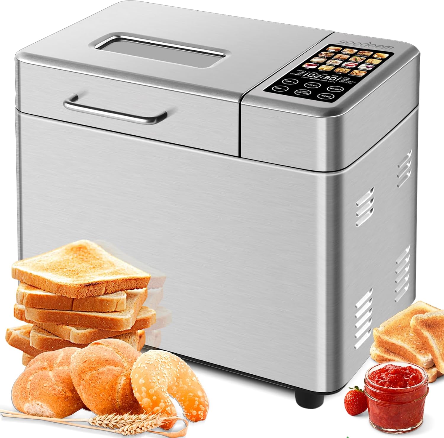 SEEDEEM 16 in 1 Bread Machine, 2.2LB Stainless Steel Bread Maker with Fruit and Nut Dispenser, Nonstick Ceramic Pan, 3 Crust Colors, 3 Loaf Sizes & Touch Panel Recipes, Silver