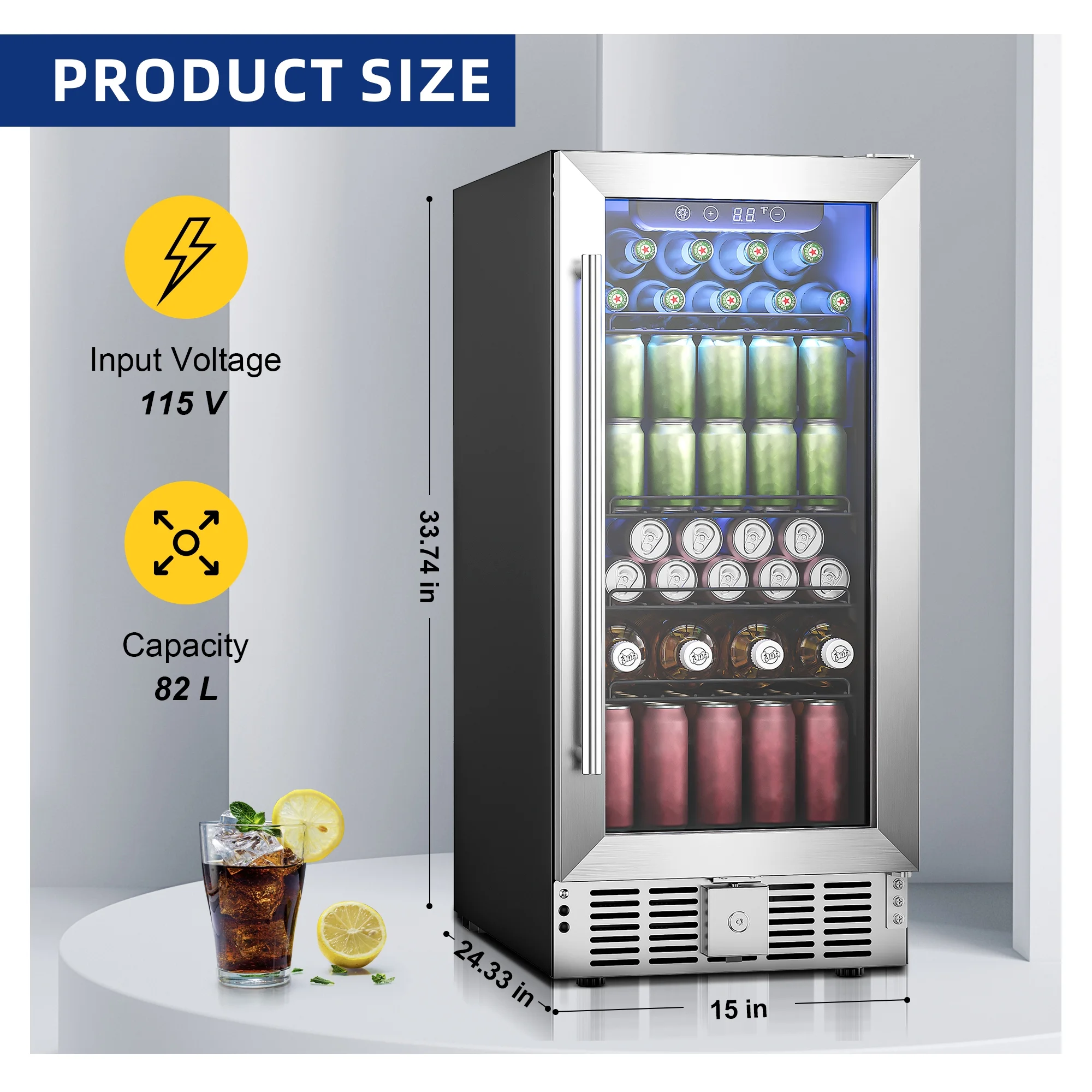 Simzlife 15" Beverage Cooler, 32 Bottle Wine Fridge with Glass Door, Under Counter Built-in or Freestanding, 24.3 in W, 33.7 in H