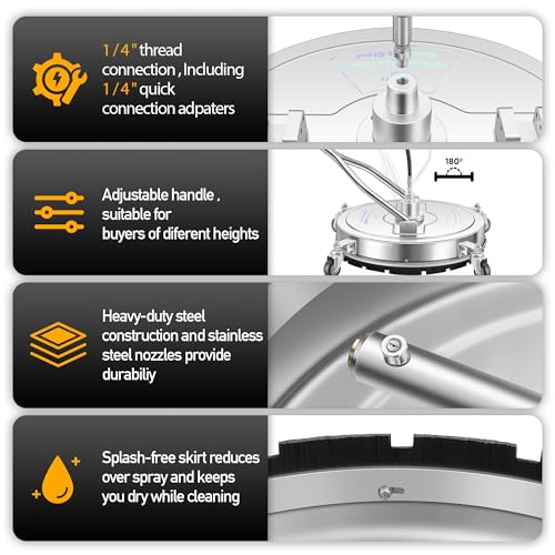 Pressure Washer Surface Cleaner with 4 Wheels - Stainless Steel Surface Cleaner for Pressure Washer Attachment for Concrete, Driveway, Patio, Sidewalk, Deck and Driveways
