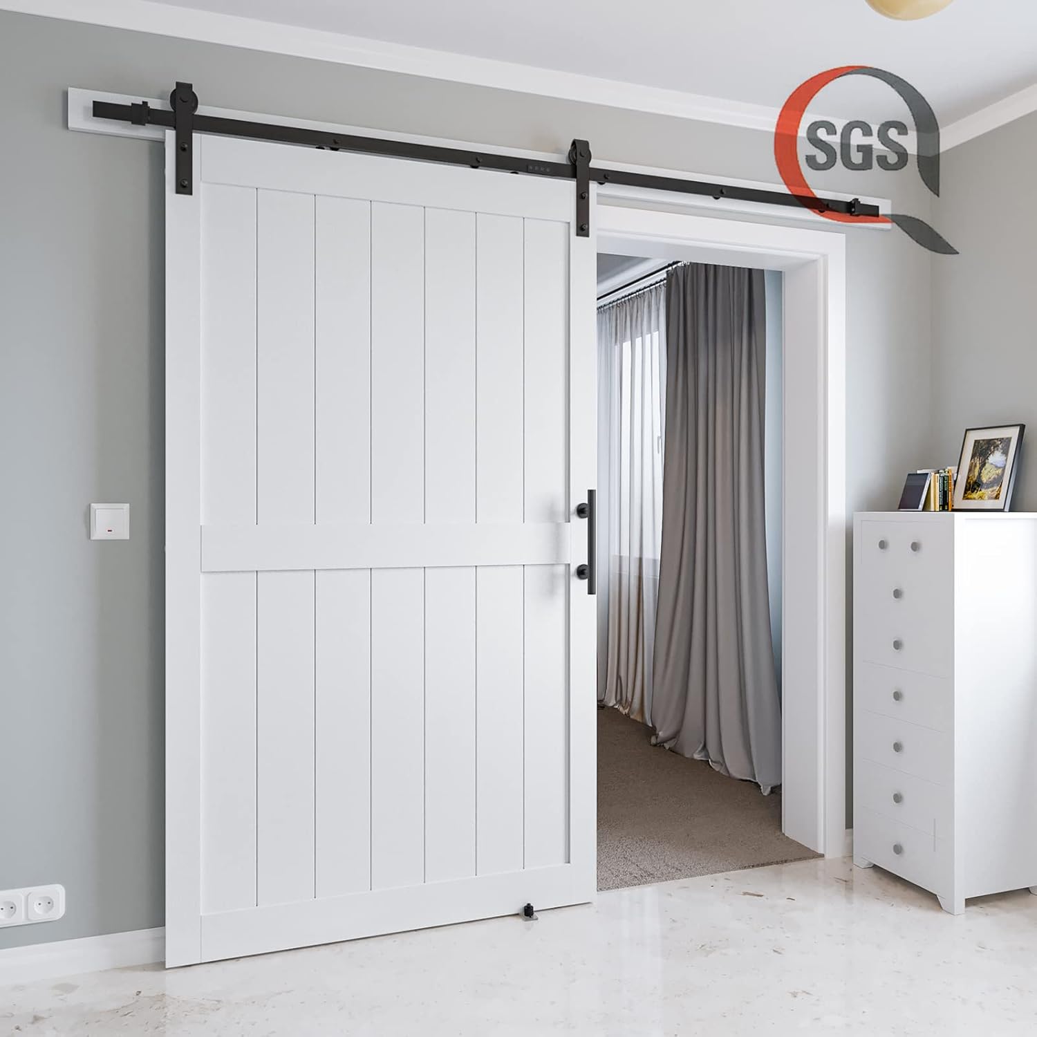 48in x 84in MDF Sliding Barn Door with 8ft Barn Door Hardware Kit & Handle, Pre-Drilled Holes Easy Assembly -Solid Barn Door Slab Covered with Water-Proof PVC Surface, White, H-Frame