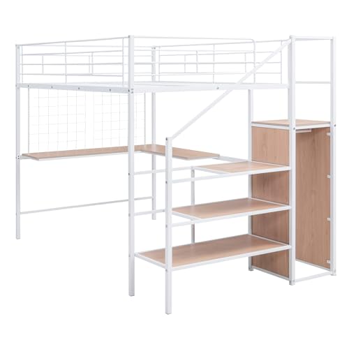 Bellemave Full Size Loft Bed with Desk and Storage Stairs, Full Loft Bed with Storage Stairs/Ladder, Loft Bed Full Size for Adults, Kids, Teens Metal, Black