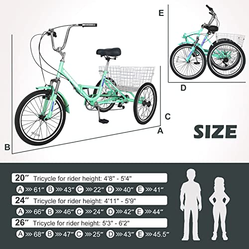 Adult Folding Tricycles Folding Bikes, 7 Speed 20/24/26 Inch 3 Wheel Adult Trikes Cruiser Bike with Large Basket, Foldable Tricycle for Adults, Women, Men, Seniors