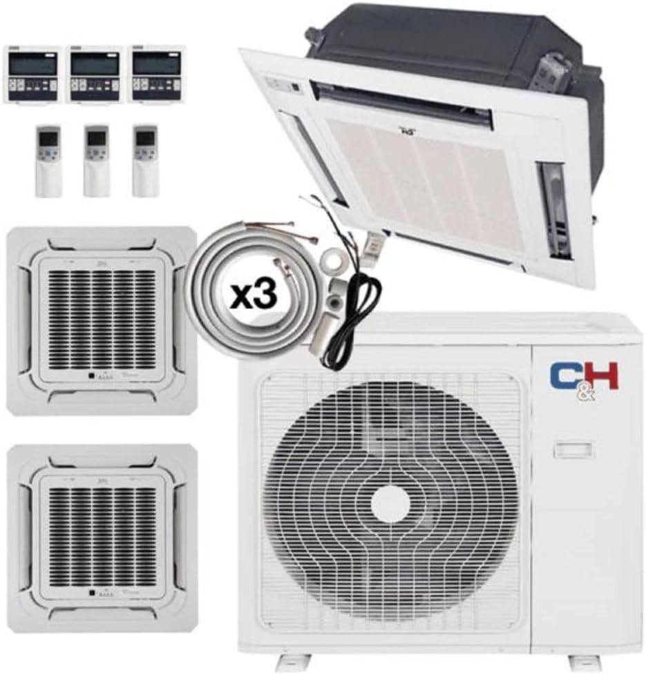 3 Zone 9k+9k+9k Ceiling Cassettes with Installation Kits, 24.6 Seer2 2.3 Ton Tri Zone Ductless Multi Mini Split Air Conditioner