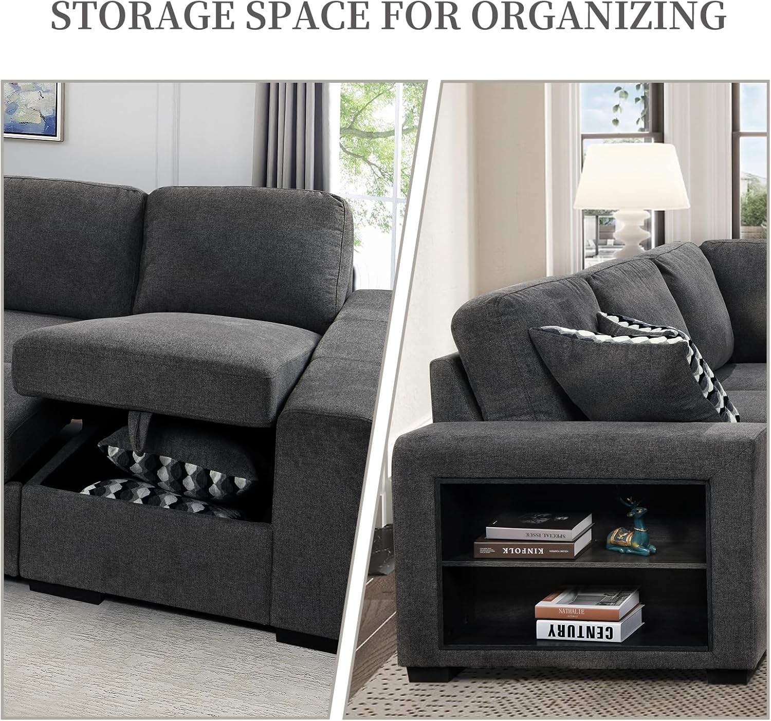 Sectional Modern Sofa Couch with Storage Cabinet 125" U Shape Oversized Sectional Sofa Bed Couches Adjustable Headrest Sleeper Sofa for Living Room,Large Space Dorm,Grey