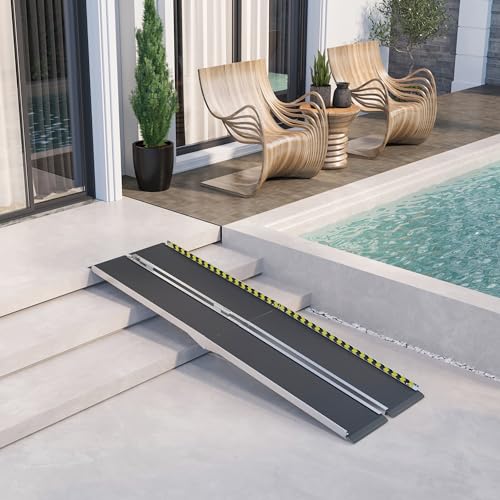 HOMCOM Wheelchair Ramp, 8FT Foldable Threshold Ramp, Aluminum Handicap Ramp with Non-Slip Surface, Transition Plates above and below for Home, Doorways, Steps, 600lbs Capacity