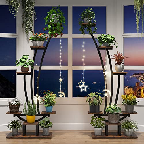 Tribesigns 6-Tier Tall Indoor Plant Stand Pack of 2, Metal Curved Display Shelf with 2 Hanging Hooks, Multi-Purpose Bonsai Flower Pots Plant Rack for Indoor, Garden, Balcony, Living Room