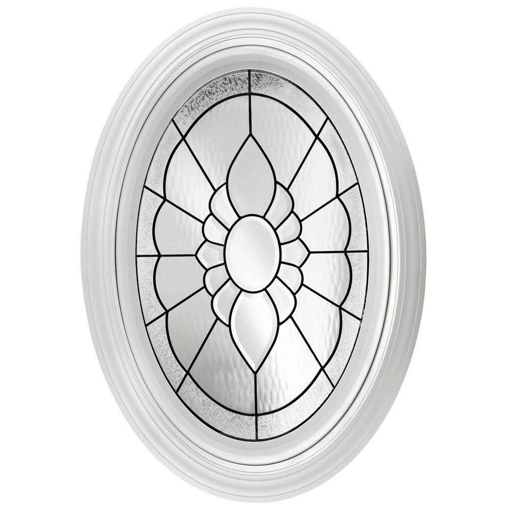 Hy-Lite 23.25 in. x 35.25 in. Decorative Glass Fixed Oval Geometric Vinyl Windows Floral PE Glass, Black Caming in White