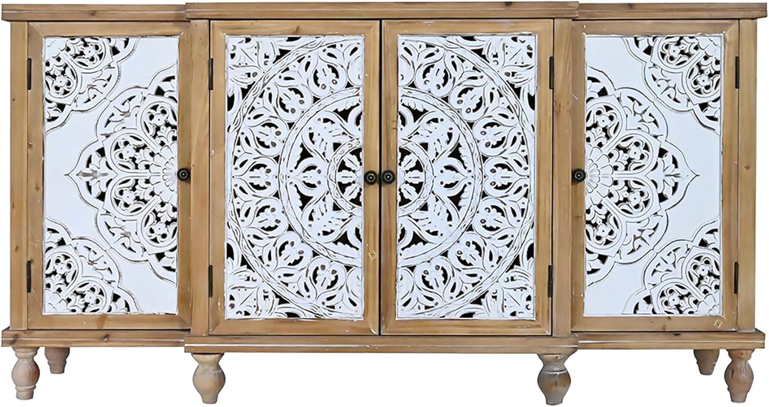 4-Door Hollow-Carved Accent Cabinet, Distressed Wood Storage Cabinet Cupboard with adjustable shelves,unique design for Kitchen, Dining Room, Living Room, Entryway, Natural wood