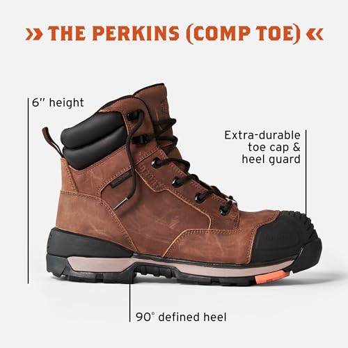 BRUNT Perkins (Comp Toe) - Brown - 6" Waterproof Durable Wedge Work Boot with Defined Heel - EH Rated - Slip + Oil Resistant - Adjustable Width System