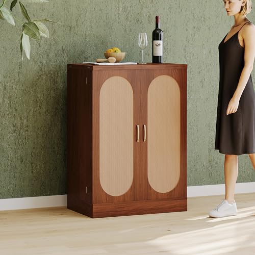 LUMISOL Bar Wine Cabinet with Storage, 42.5" Home Bar Cabinet, Carved Wine Sideboard with Wine Bottle Holders, Accent Storage Cabinet for Home Bar Living Room Dining Room, Natural