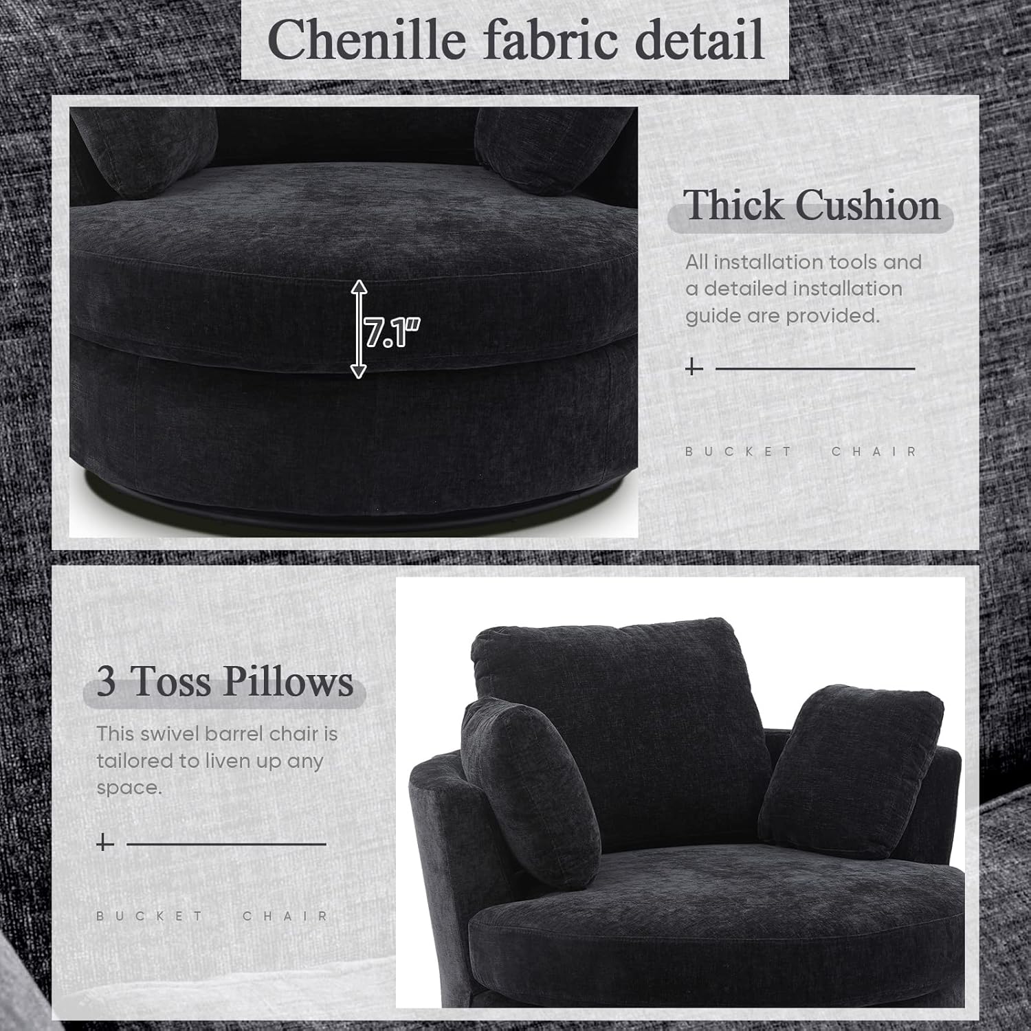 Swivel Barrel Chair for Living Room, Modern Round Swivel Chair Sofa Chair Chenille Club Chair Boucle Chair Armchair Decorative Furniture Nursery Chair, Bedroom, Classroom Corner Chair (Black)