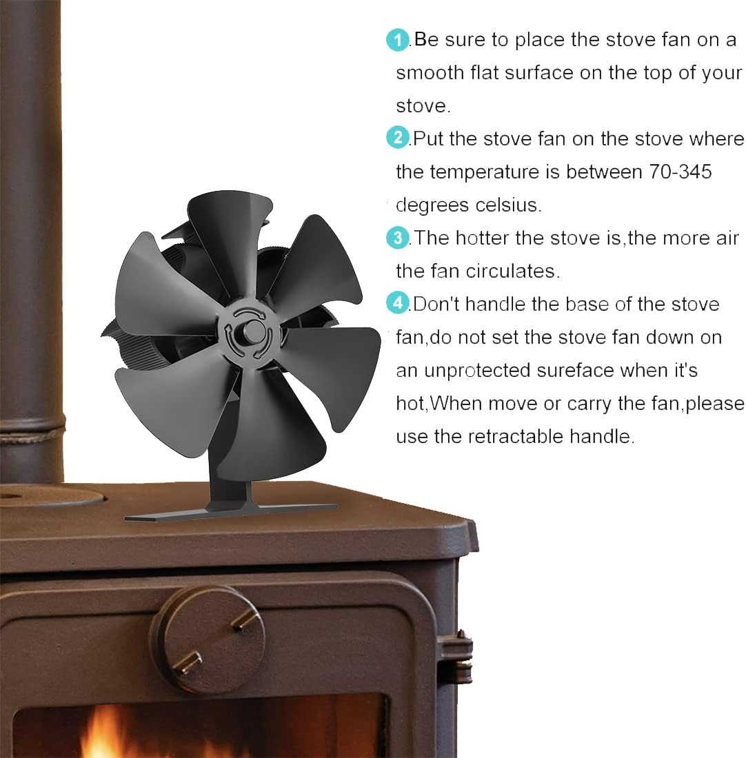 TEENGSE Heat Powered Wood Stove Fan 6 Blades with Thermometer, Silent Fireplace Top fan for Home Wood Burning Heater Burner Silent Eco-Friendly High Efficient Thermal Heat Distribution Accessory-Black Pack of 2