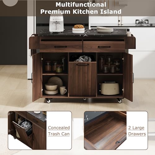 Kitchen Island With Large Drop Leaf, Rolling Kitchen Island On Wheels With Adjustable Shelf, Wood Kitchen Cart With Trash Can Storage Cabinet, Spice Rack, Towel Rack And Two Drawers (Walnut Brown-03)