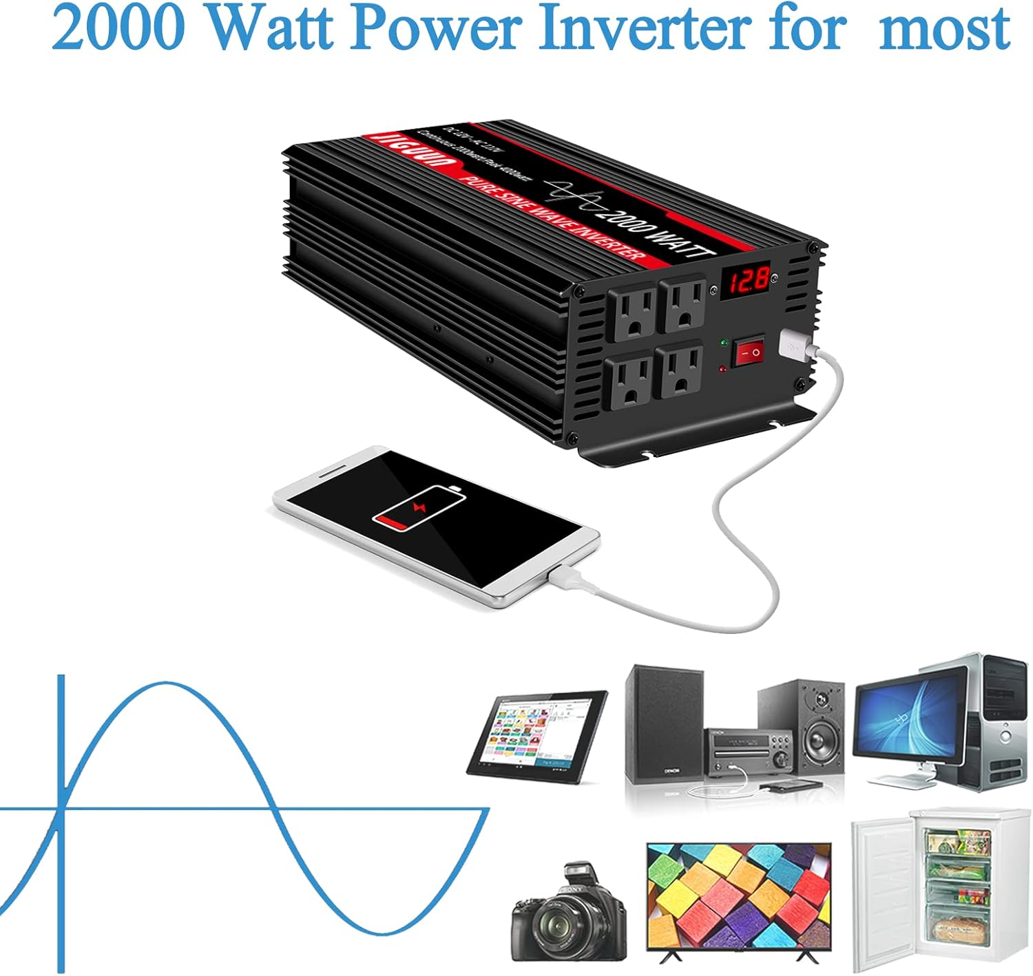 JIGUUN 2000 Watt Pure Sine Wave Inverter, Power Converter 12V DC to 110V/120V AC, Car Inverter with 4 AC Outlets&USB Port 170ft Wireless Remote Control for RV CPAP Camping-Peak 4000 Watt(2000W-12V)