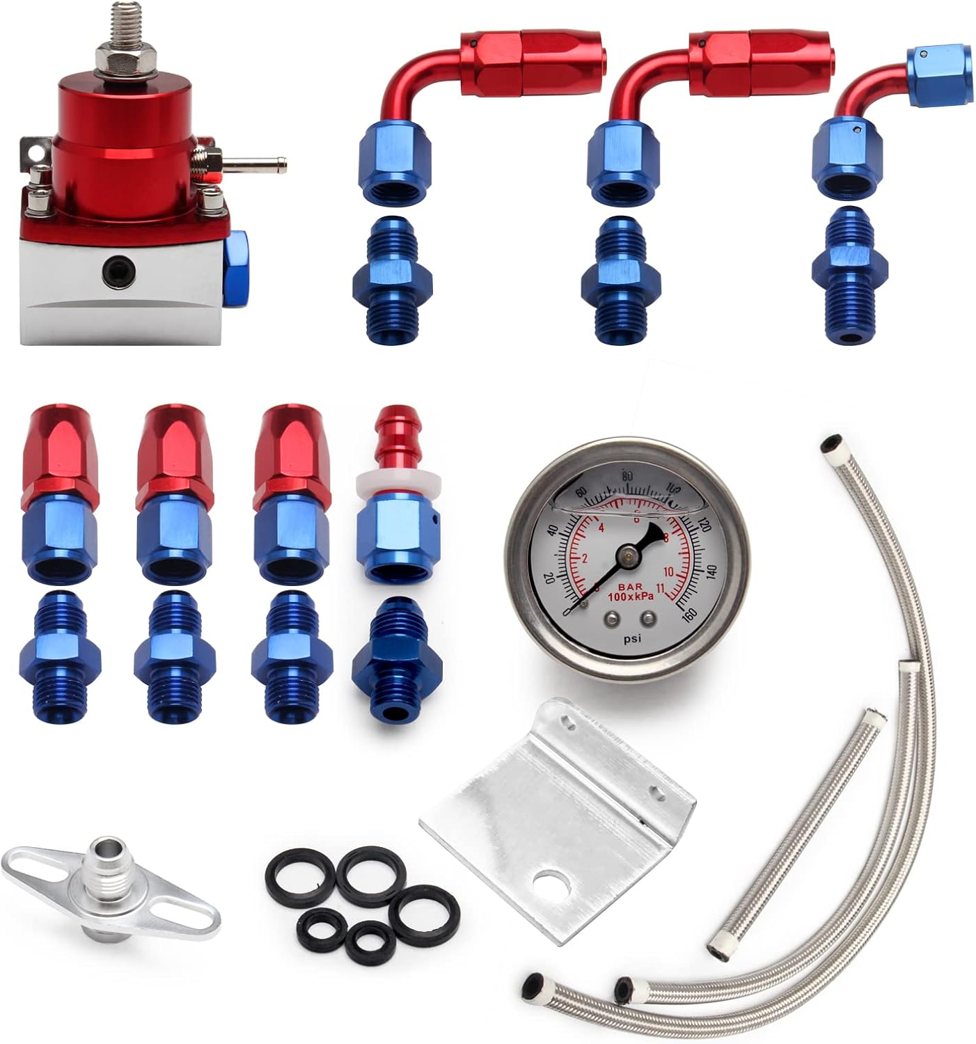 Somusen Aluminum Adjustable Universal EFI Fuel Pressure Regulator Kit with 0-100psi Pressure Gauge AN6-6AN Fuel Line Hose Fitting Connectors Kit Blue&Red Pack of 2
