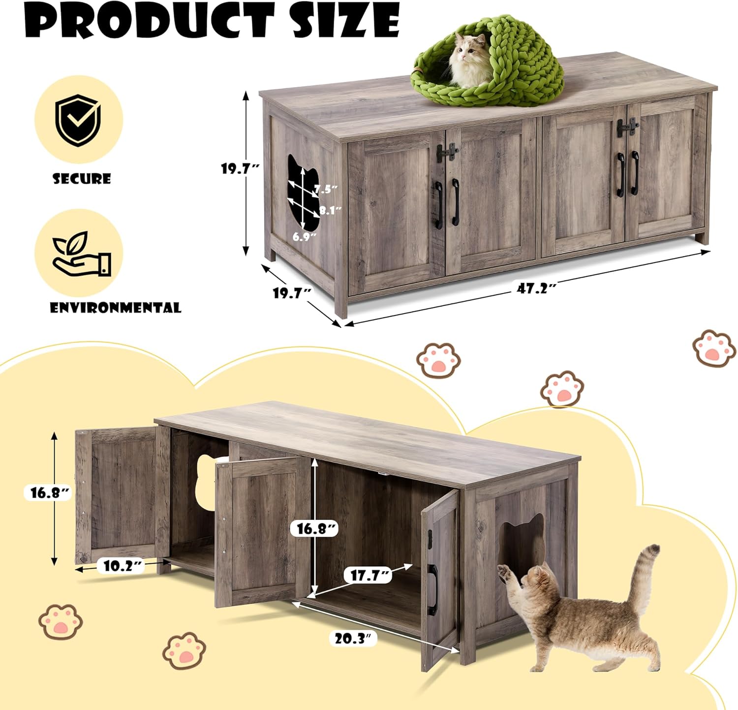 TITIMO Cat Litter Box Enclosure for 2 Cats - Litter Box Furniture Hidden with Lockable Door,Wooden Cat Washroom Furniture with Double Room,Cat House,Hideaway Litter Box,Greige
