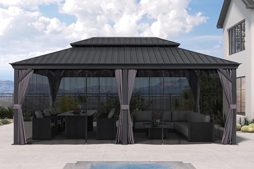 PURPLE LEAF 10' X 14' Permanent Hardtop Gazebo Aluminum Gazebo with Galvanized Steel Double Roof for Patio Lawn and Garden, Curtains and Netting Included, Grey