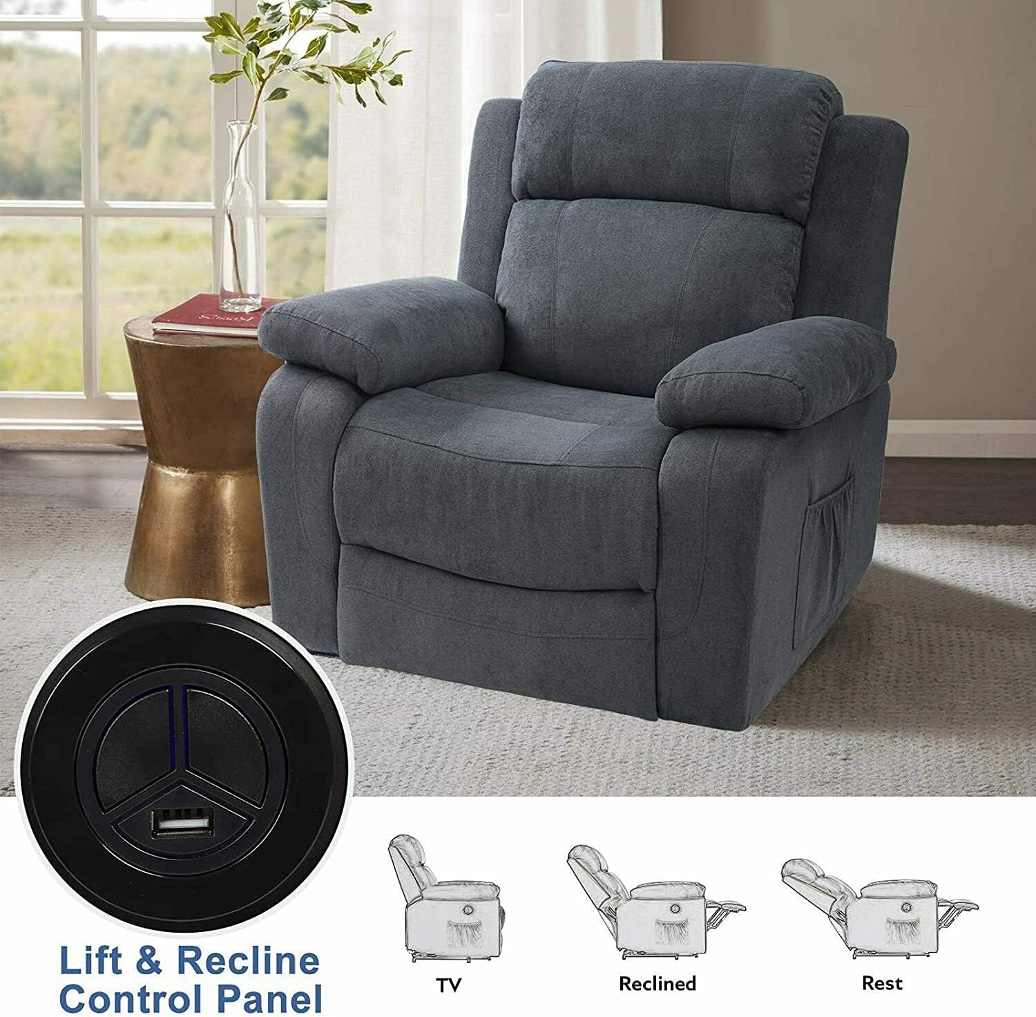 New Grey Linen Fabric Auto Electric Power Lift Massage Vibration Recliner Oversized USB Chair w/Remote Control Sofa Heat Elderly Armchair Foam Sponge Metal 35.43”W x 29.53”D x 40.94”H