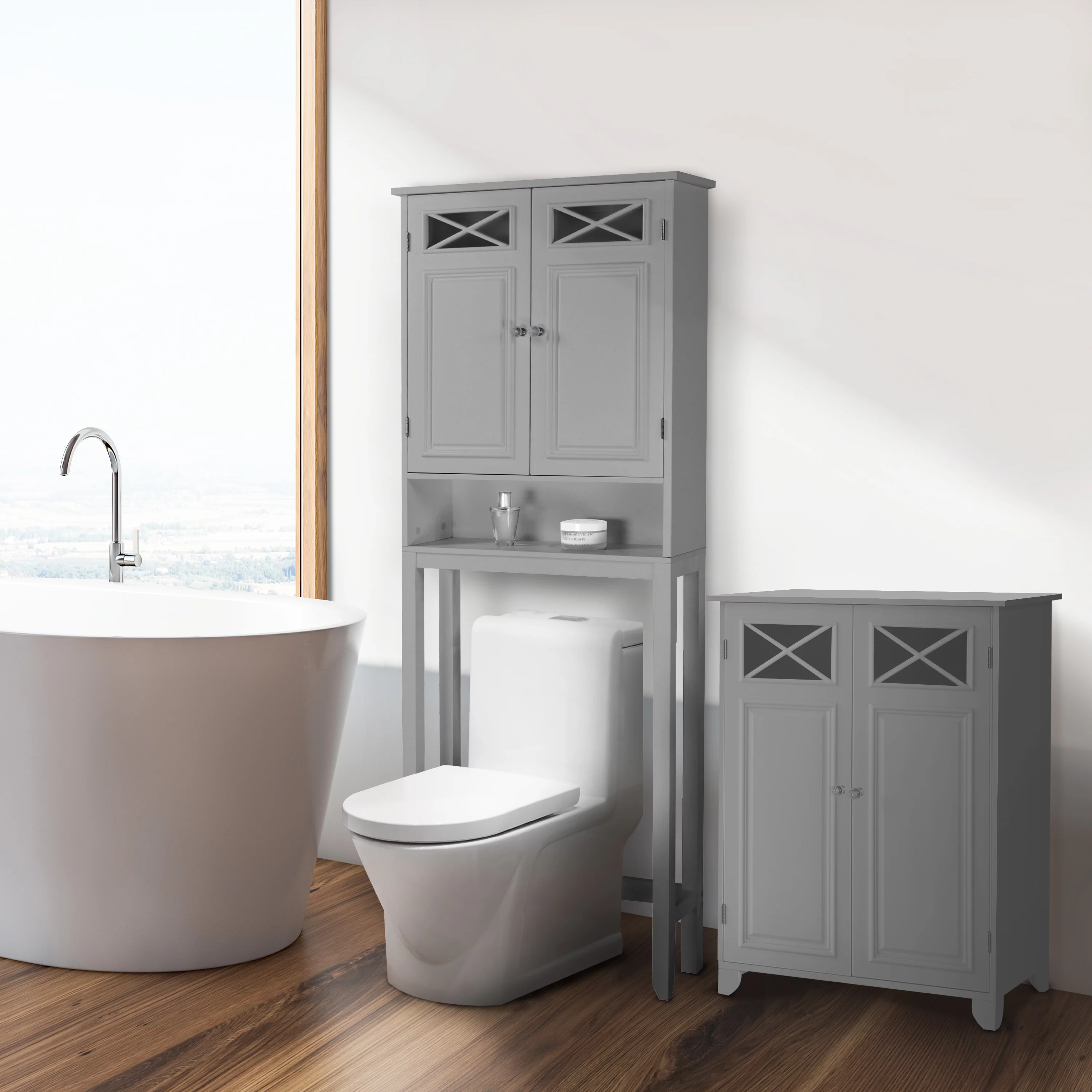 Teamson Home Dawson Contemporary Wooden Over-the-Toilet Storage Cabinet with 2 Doors, Gray